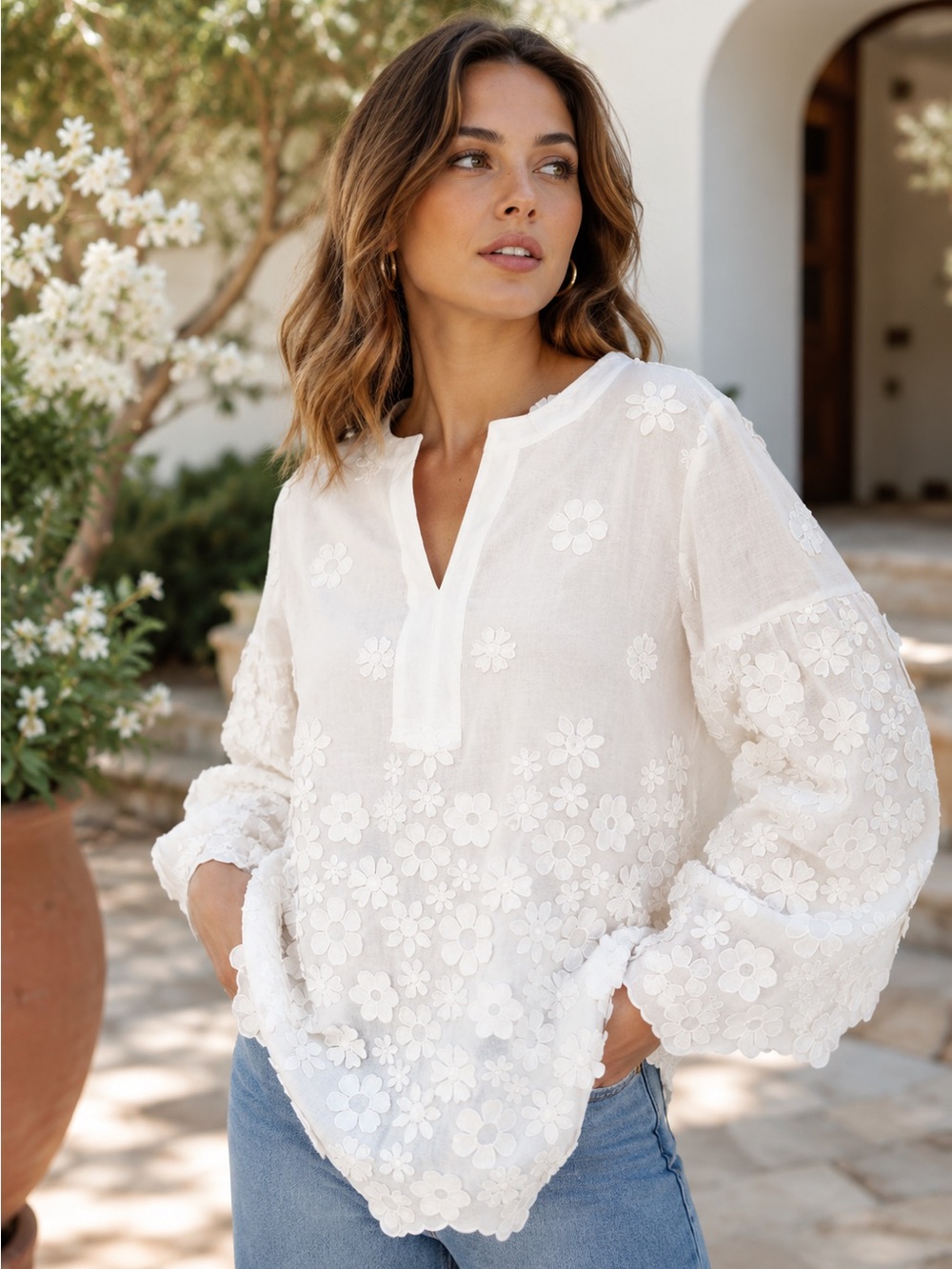 Vilagallo Ivory Raised Floral Embroidered Cotton Blouse Size 46 US 14 Boho